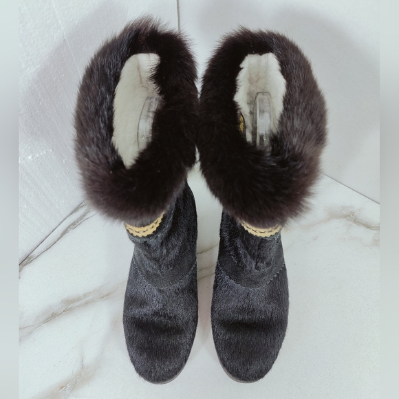 VTG Tecnica Black Goat Fur Aztec Style Trim Apres Ski Winter Snow Boots, 6 - Picture 5 of 8